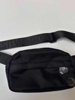 Steve Madden Unisex Black Nylon Belt Bag with Branded Strap